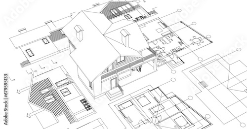  house architectural project sketch 3d illustration