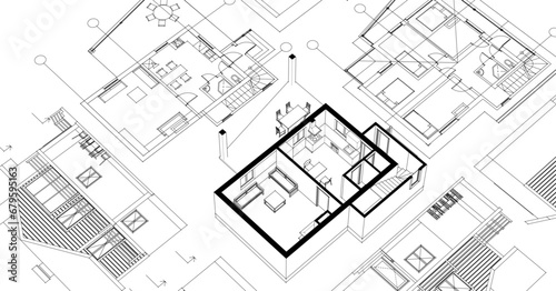  house architectural project sketch 3d illustration