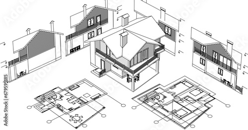  house architectural project sketch 3d illustration