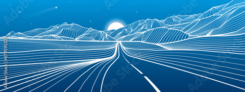 Road in the mountains. Outline illustration on blue background. Night landscape. Snow hills. Moon and stars. Vector design art