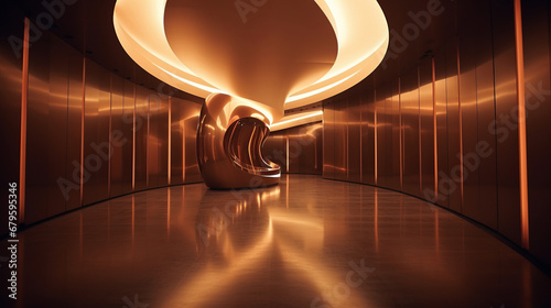 Empty gold futuristic tunnel. Technology Design.