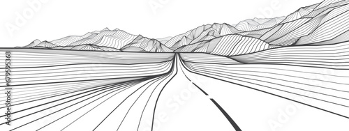 Road in the mountains. Outline black illustration on white background. More lines landscape. Vector design art