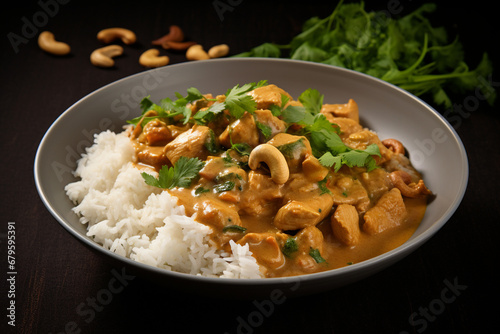 Aromatic Indulgence: Rice Accompanied by Chicken and Cashew Curry, Sprinkled with Cilantro and Green Onion