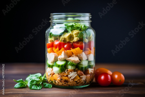 Lunchtime Convenience: Healthy Chicken and Vegetable Salad Packed in a Jar