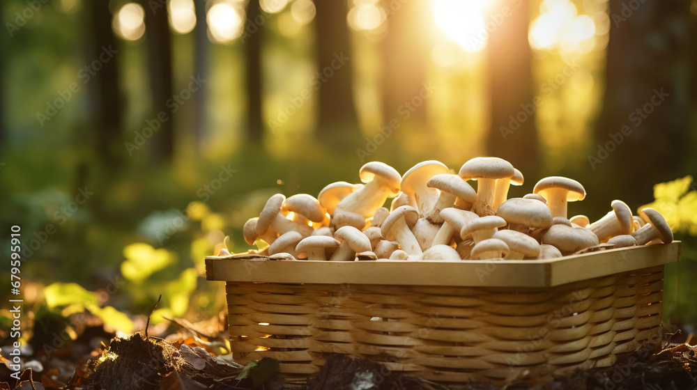 Champignon mushrooms in a wooden basket on a blurred background of the autumn forest. Generative AI