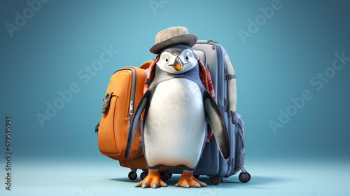  Penguin in hat and casual traveler clothes with backpack. Anthropomorphic animals. Penguin Awareness Day.