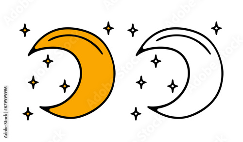 Moon half with star, waning or waxing crescent moon on transparent checkered background. Lunar eclipse in stages from full moon to thin moon,
