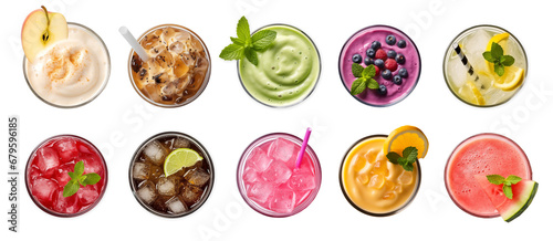 cool drinks set ; smoothie, juice, sparkling water with fresh and beautiful fruits decorated glass top view on white background.