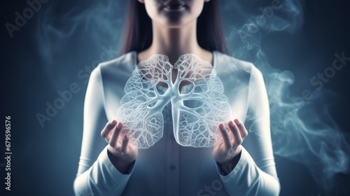 Female doctor holding virtual Lungs in hand. Handrawn human organ, copy space on right side, grey hdr color. Healthcare scientific technologies concept stock photo  photo