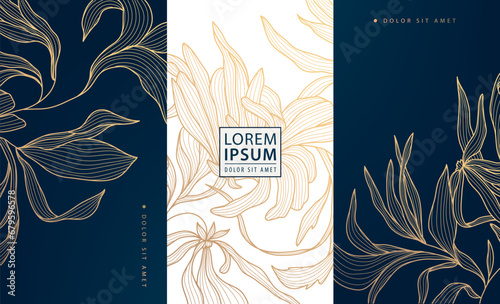 Vector set of floral gold design backgrounds, line luxury art deco leaves labels, frames, banners. Use for wine, cosmetic, lotion, soap, chocolate package