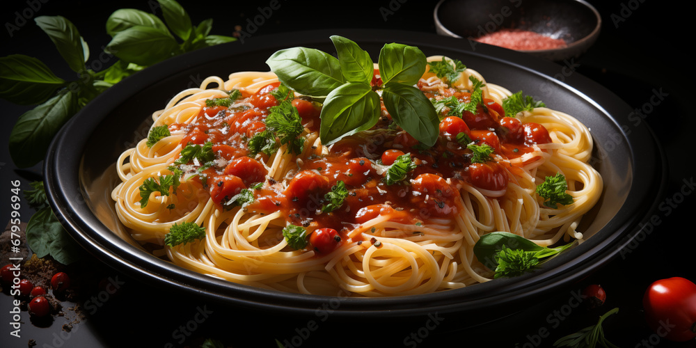 Leckere Spaghetti mit Basilikum und Parmesan auf dem Teller wunderschön angerichtet im Querformat für Banner, ai generativ Leckere Spaghetti mit Basilikum und Parmesan auf dem Teller wunderschön angerichtet im Querformat für Banner, ai generativ
