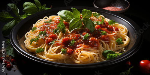 Leckere Spaghetti mit Basilikum und Parmesan auf dem Teller wundersch  n angerichtet im Querformat f  r Banner  ai generativ