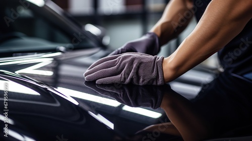 Close-up of hands in gloves cleaning car with microfiber cloth. Car detailing © ffunn