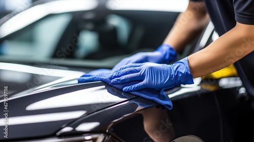 Close-up of hands in gloves cleaning car with microfiber cloth. Car detailing © ffunn