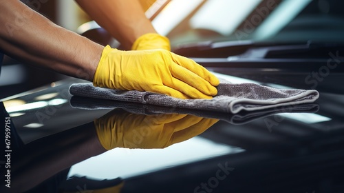 Close-up of hands in gloves cleaning car with microfiber cloth. Car detailing