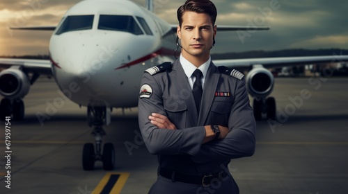 Ready for the skies. Confident male pilot in uniform keeping arms crossed while standing near airplane