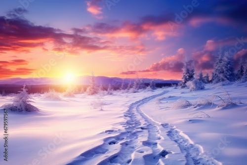 Fantastic evening winter landscape. Dramatic sky. Beautiful vibrant winter sunset