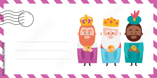 Envelope of the wise men. The three kings of orient, Melchior, Gaspard and Balthazar. Funny vectorized letter.