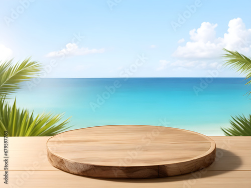 Empty wooden round platform on the table top with tropical beach background1. © Thanapat