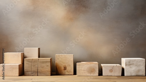 Wooden cubes on a wooden table in front of a concrete wall. photo