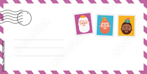 Envelope of the wise men. The three kings of orient, Melchior, Gaspard and Balthazar. Funny vectorized letter.
