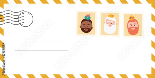 Envelope of the wise men. The three kings of orient, Melchior, Gaspard and Balthazar. Funny vectorized letter.