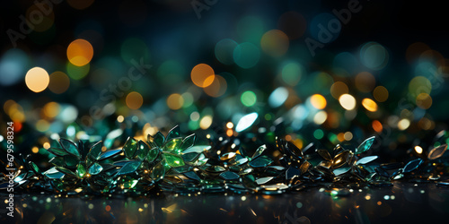 Malachit Steinchen in wunderbaren grünen glänzenden Anblick mit Bokeh als Hintergrundmotiv im Querformat für Banner, ai generativ