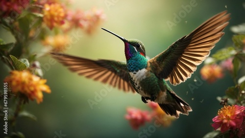 AI generated illustration of a vibrant hummingbird hovering over colorful flowers © Wirestock