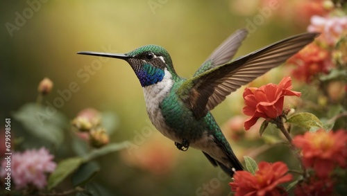 AI generated illustration of a vibrant hummingbird hovering over colorful flowers