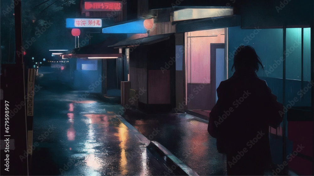 Japanese in 1980 at night, in 1980s city pop style, japanese culture, city pop, sad mood, melancholic mood suggestive of loneliness and anticipation. painting art