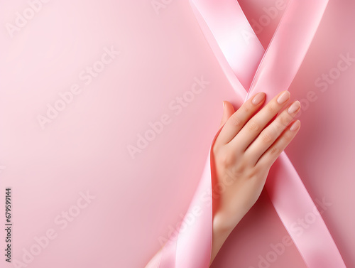 Visual screen Ribbon on hand, Breast cancer awareness, abdominal cancer awareness. Generative Ai photo