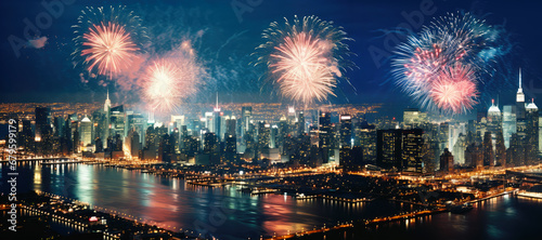 Panorama of fireworks show over a big city. Celebrating the New Year