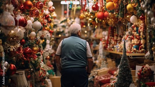 Senior Man from the back standing in a colorful christmas decorated shop supermarket interior choosing party holiday festive decor.