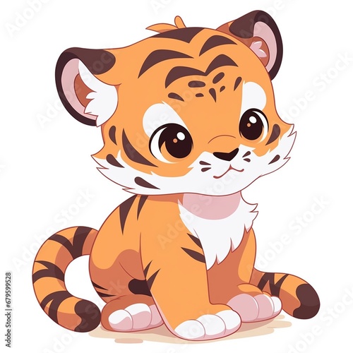 Vector illustration of a cute tiger cub sitting on a white background.