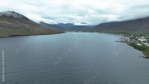 Neskaupstadur Fjord And Fishing Town In East Iceland. Aerial Wide Shot photo