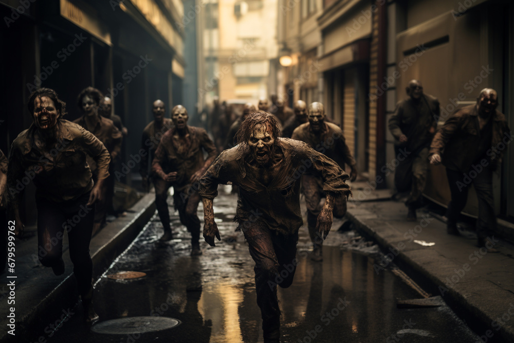 zombies running in apocalyptic city scene zombies running in apocalyptic city scene