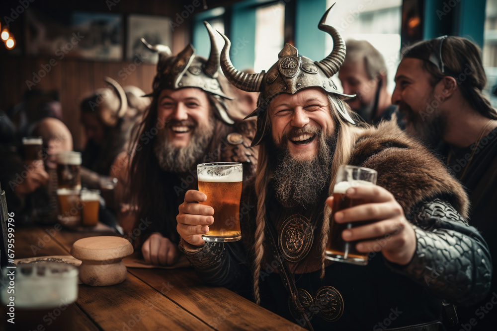 older men dressed as vikings celebrating theme party drinking beer in a