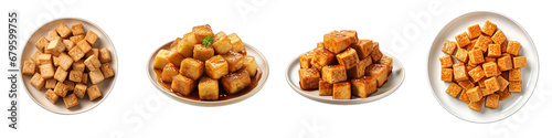 Plate of fried tofu cubes Hyperrealistic Highly Detailed Isolated On Transparent Background Png File