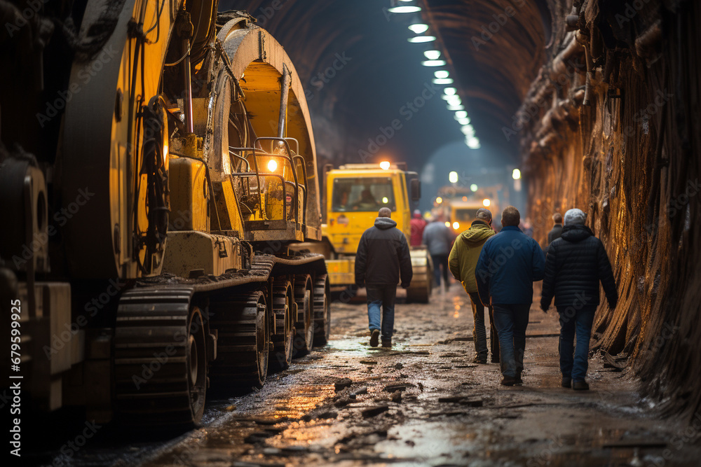 Group of Workers in Helmets and Safety Gear Walk and Excavate an Industrial Tunnel