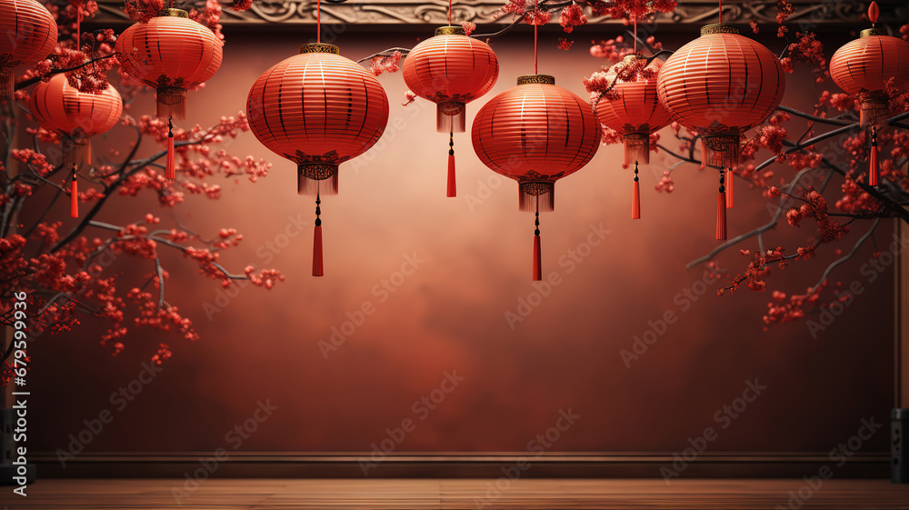 Chinese New Year 2023, Background of Chinese lantern hanging on the celling. generative ai - obrazy, fototapety, plakaty 