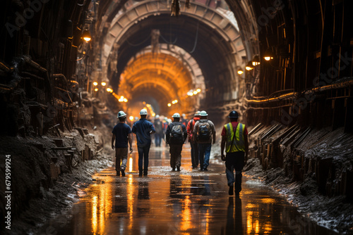 Group of Workers in Helmets and Safety Gear Walk and Excavate an Industrial Tunnel photo