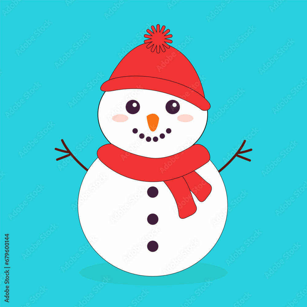 Snowman with red hat and scarf. Cute Cartoon kawaii simple funny baby character. Nose carrot. Merry Christmas. Greeting card, sticker print template. Blue background. Isolated. Flat design.