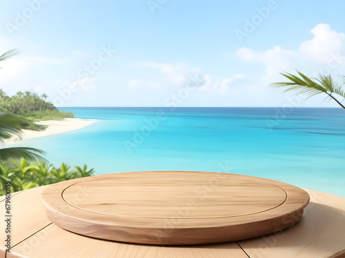 Empty wooden round platform on the table top with tropical beach background2.