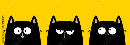Black cat kitten kitty icon banner set. Cute kawaii cartoon character. Sad, happy surprised emotion. Happy Valentines Day. Greeting card, tshirt, sticker print template. Yellow background. Flat design