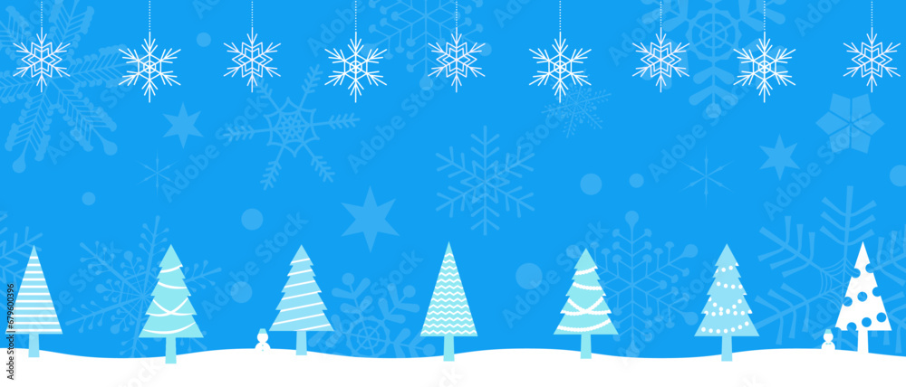 雪の結晶とクリスマスツリーの横長のフレーム背景/　1