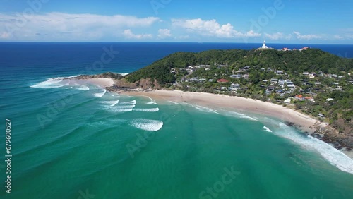 Waves Coming To The Sandy Shore Of Wategos Beach In Byron Bay, NSW, Australia. - aerial shot photo