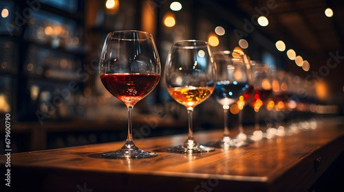 Filled wine glasses on a wooden bar with a blurred restaurant background