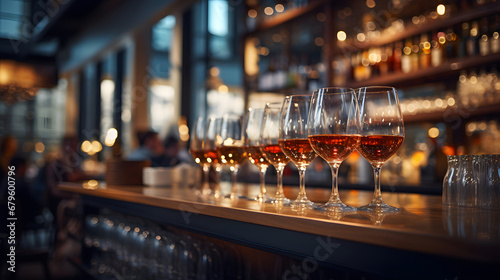 Filled wine glasses on a wooden bar with a blurred restaurant background photo