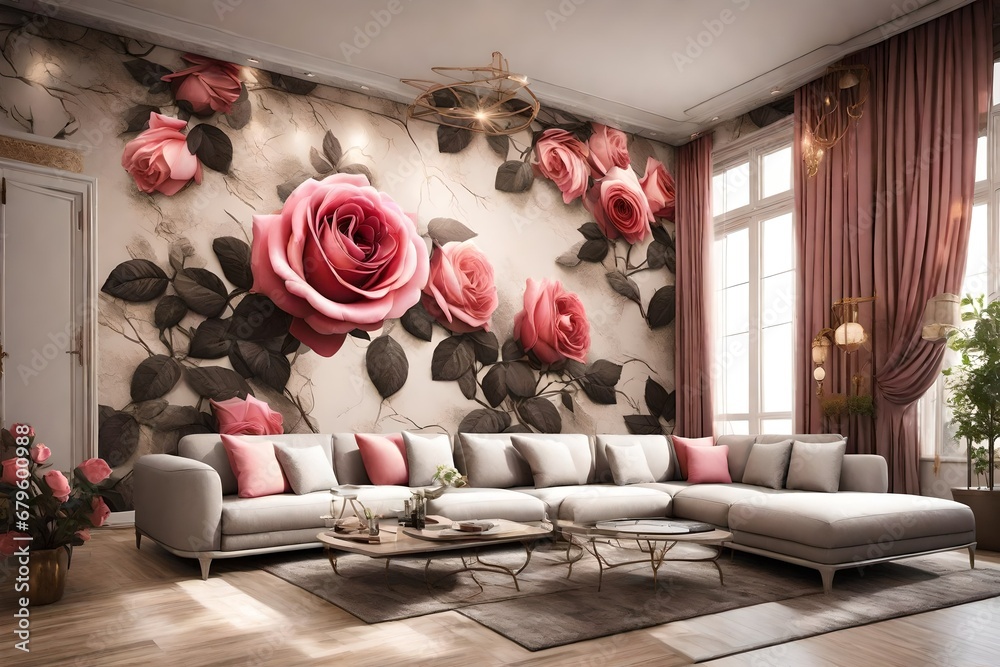 interior bed room design with big pink rose on the wall 3d abstract ...
