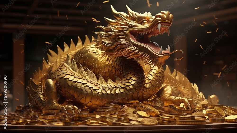 Obraz premium golden dragon On top of a pile of gold and silver